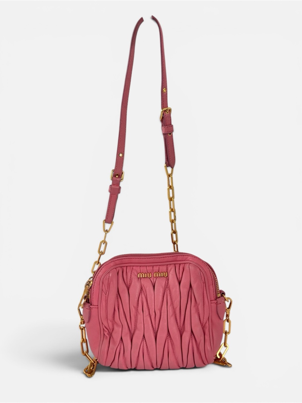 Miu Miu Rose Pink Matelassé Crossbody with Gold Chain